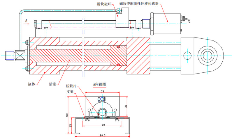 磁致伸縮位移傳感器外置安裝圖